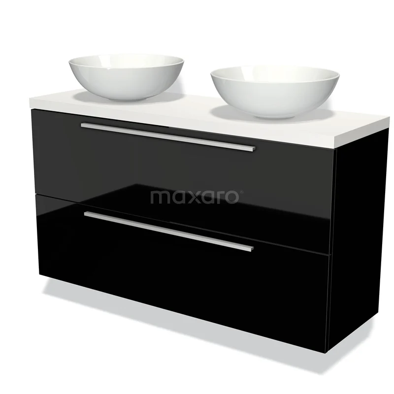 Waschtischunterschrank mit Konsole 120cm Modulo Plato Slim Hochglanz Schwarz 2 Schubladen Flach BMK37-01924 Schwarz Badmöbel mit Doppelwaschbecken, glänzender Oberfläche und modernem Stil für eine luxuriöse Ausstrahlung.