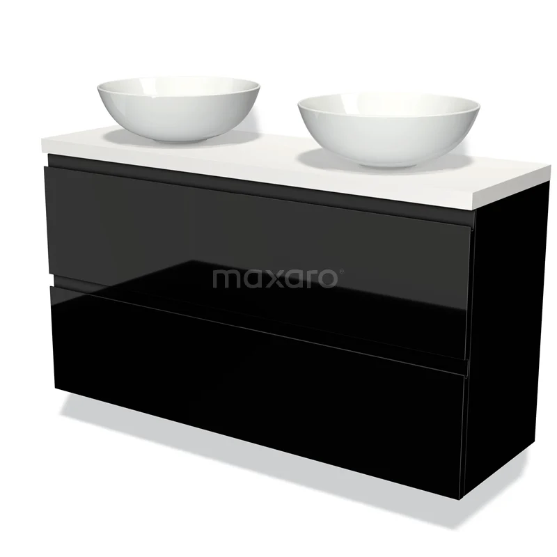 Modulo Plato Slim Vanity units for countertop basin | 120 cm High-gloss black Handle-less front Matte white worktop 2 Stacked drawers BMK37-01926