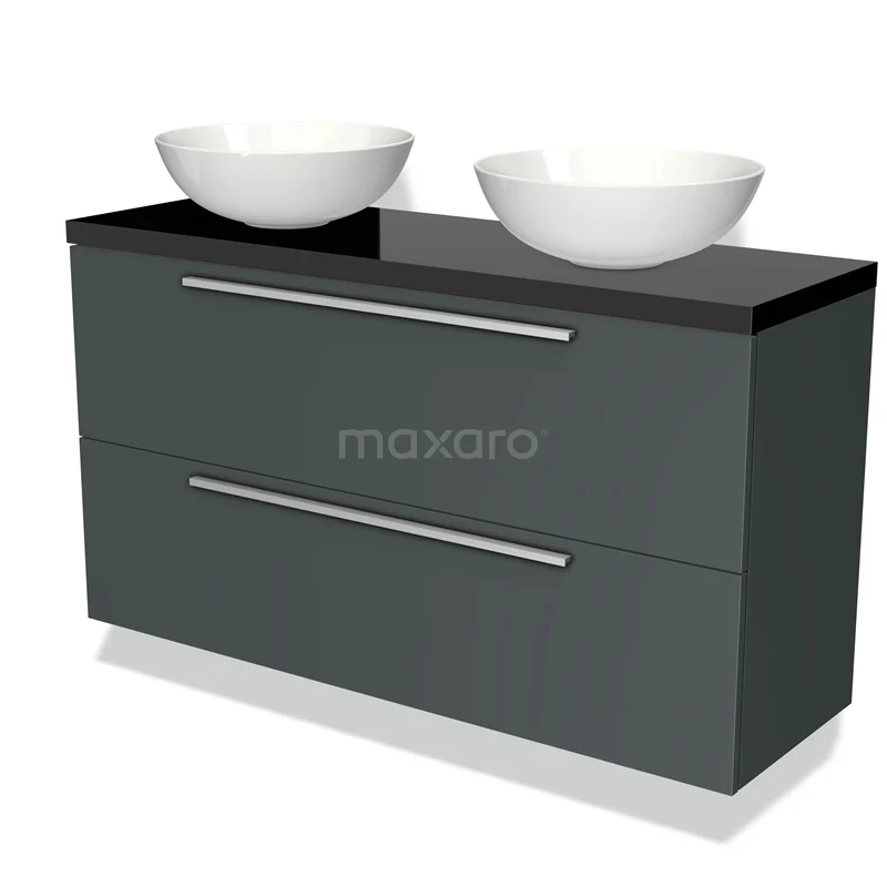 Badmöbel für Aufsatzwaschbecken 120cm Modulo Plato Slim Dunkelgrau 2 Schubladen Flach BMK37-01982 Dunkles Badmöbelset mit zwei weißen Aufsatzwaschbecken und schwarzer Glasplatte, ideal für moderne Badezimmergestaltung.