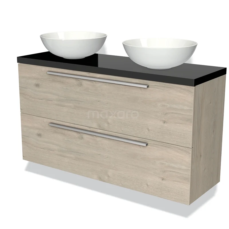 Modulo Plato Slim Vanity units for countertop basin | 120 cm Light grey oak Flat front High-gloss black worktop 2 Stacked drawers BMK37-01987