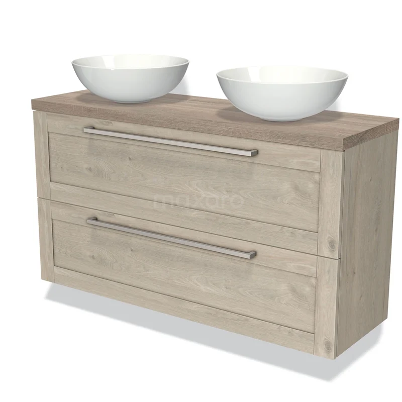 Modulo Plato Slim Vanity units for countertop basin | 120 cm Light grey oak Frame front Oak worktop 2 Stacked drawers BMK37-02018