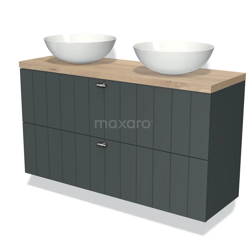 Badmöbel mit Konsole 120cm Modulo Plato Slim Dunkelgrau 2 Schubladen Laminat BMK37-02072 Dunkelgraue moderne Badmöbelset mit zwei weißen Aufsatzwaschbecken und Holzlook Platte, ideal für stilvolle Badezimmergestaltung.