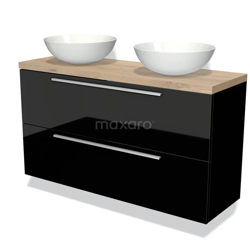 Waschtischunterschrank mit Konsole 120cm Modulo Plato Slim Hochglanz Schwarz 2 Schubladen Flach BMK37-02074 Schwarzes Badmöbel mit Holzfurnierplatte und doppelten weißen Aufsatzwaschbecken, modernes Design mit metallischen Haltegriffen, ideal für Bäder.