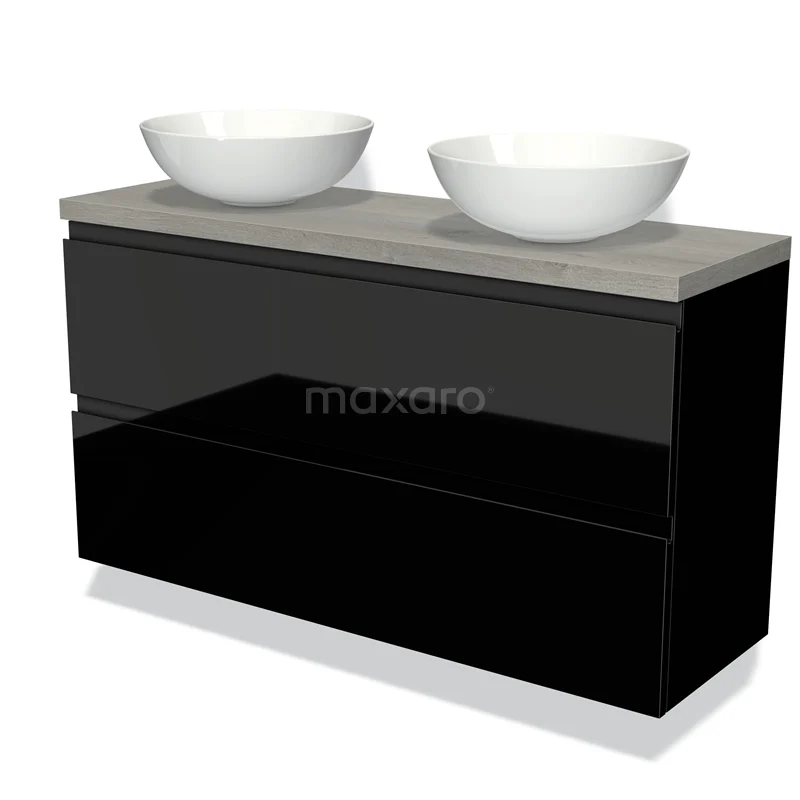 Modulo Plato Slim Vanity units for countertop basin | 120 cm High-gloss black Handle-less front Grey oak worktop 2 Stacked drawers BMK37-02166