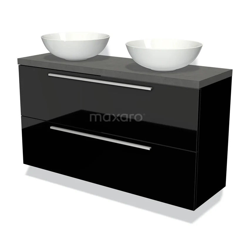 Modulo Plato Slim Vanity units for countertop basin | 120 cm High-gloss black Flat front Dark grey concrete worktop 2 Stacked drawers BMK37-02225