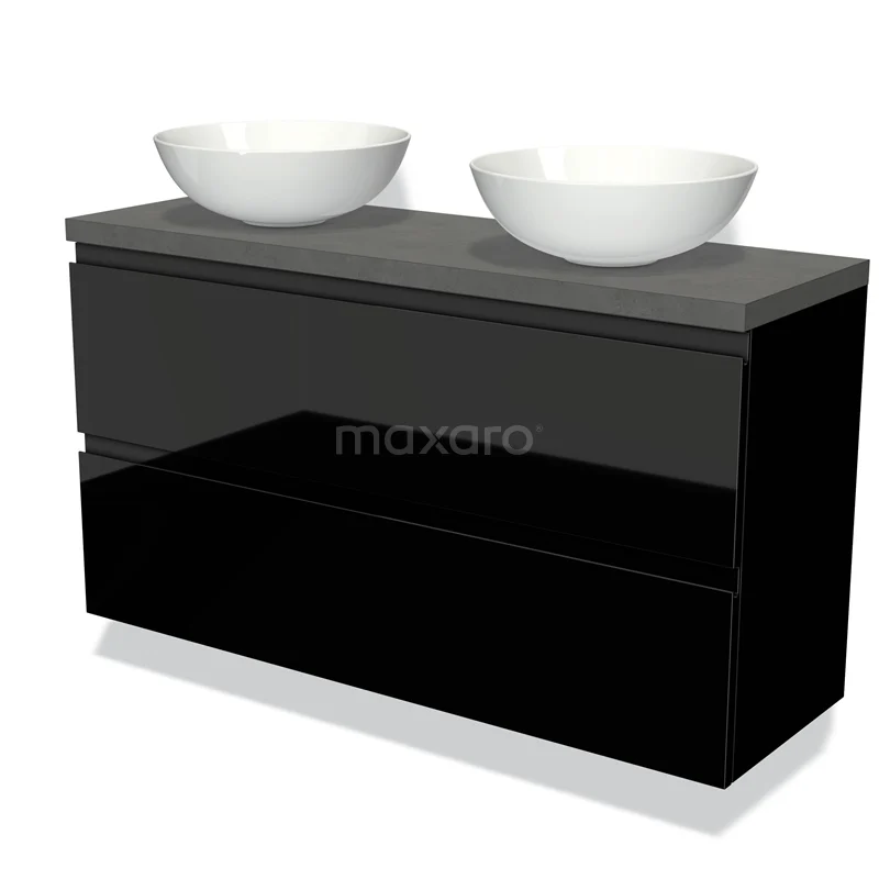 Modulo Plato Slim Vanity units for countertop basin | 120 cm High-gloss black Handle-less front Dark grey concrete worktop 2 Stacked drawers BMK37-02227