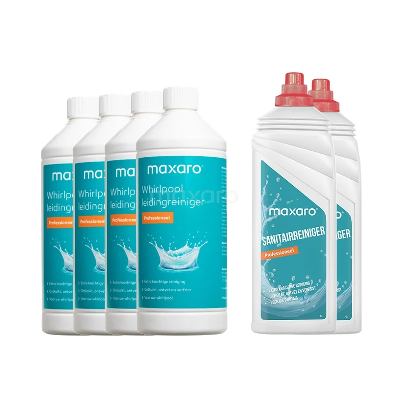 Whirlpool Wartungspaket 911013793 Vier Flaschen grüner Badezimmerreiniger und eine Flasche WC-Reiniger mit rotem Deckel, geeignet für hygienische Reinigung.