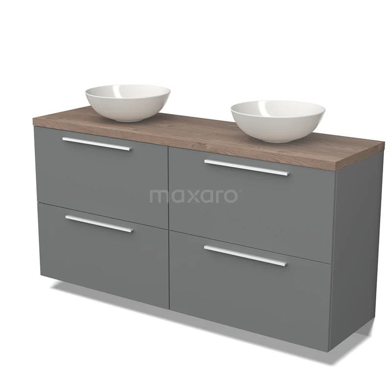 Badmöbel für Aufsatzwaschbecken 160cm Modulo Plato Mittelgrau 4 hohe Schubladen Flach Mittelbraune Eiche Platte BMK14-00475 Graues Waschtisch mit Holzplatte, doppelten keramischen Aufsatzwaschbecken und vier Schubladen; modernes Badezimmerdesign.
