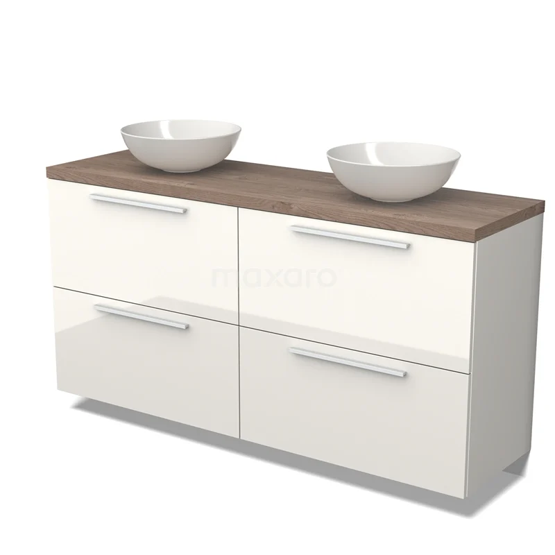 Wit badkamermeubel met houtlook blad, dubbele waskommen en vier lades, modern design.