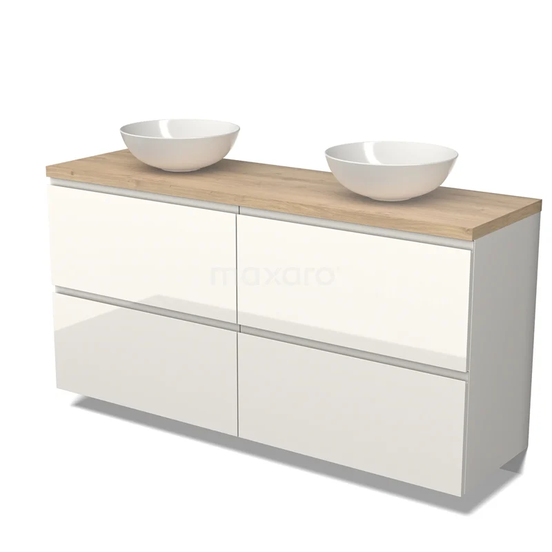 Badmöbel für Aufsatzwaschbecken 160cm Modulo Plato Hochglanz Weiß 4 hohe Schubladen grifflos Hellbraune Eiche Platte BMK14-00509 Weiß glänzendes Badmöbel mit Holzplatte und zwei runden Aufsatzwaschbecken, modernes Design für ein stilvolles Badezimmer.