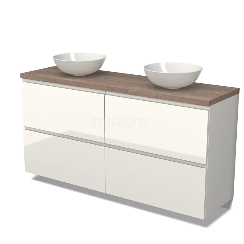 Badmöbel für Aufsatzwaschbecken 160cm Modulo Plato Hochglanz Weiß 4 hohe Schubladen Grifflos Mittelbraune Eiche Platte BMK14-00510 Weiße Badmöbelset mit Doppelwaschtischplatte aus Holzoptik und zwei Aufsatzbecken, modernes Design.