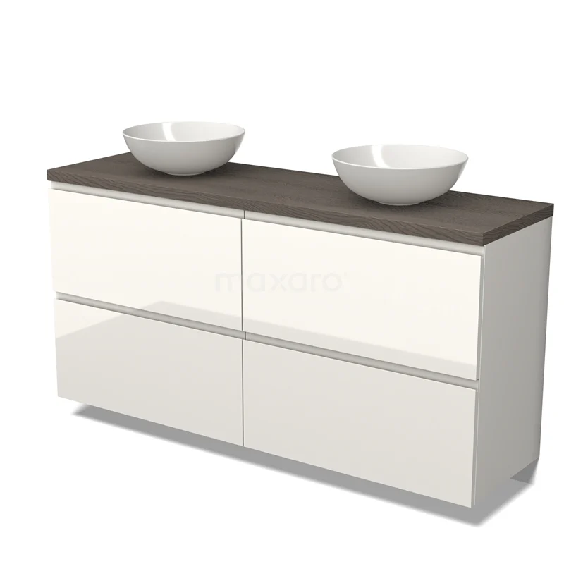 Badmöbel für Aufsatzwaschbecken 160cm Modulo Plato Hochglanz Weiß 4 hohe Schubladen grifflos dunkelbraune Eiche Platte BMK14-00511 Witglänzendes Badmöbel mit Holzlook Platte, doppelte Aufsatzwaschbecken und straff modernem Design, ideal für stilvolle Bäder.