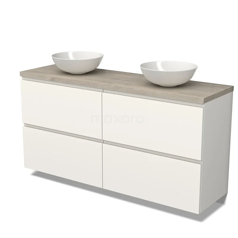 Modulo Plato Badmöbel mit Aufsatzwaschbecken | 160 cm Matt Weiß Grifflos front Hellgraue Eiche blatt 4 hohe Schubladen BMK14-00529 Moderne weiße Badmöbel mit Holzplatte und doppelten keramischen Aufsatzwaschbecken, straffes Design für zeitgemäße Bäder.