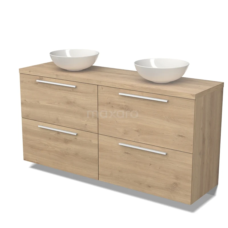 Badmöbel für Waschtischunterschrank mit Konsole 160cm Modulo Plato Hellbraune Eiche 4 hohe Schubladen Flach BMK14-00607 Holz Badezimmermöbel mit doppeltem Aufsatzwaschbecken, vier Schubladen und einer natürlichen Eichenoberfläche. Perfekt für stilvolle Bäder.