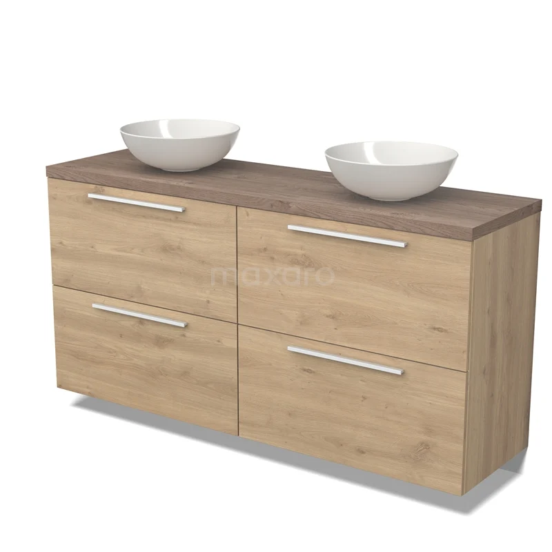 Badmöbel für Aufsatzwaschbecken 160cm Modulo Plato Hellbraune Eiche 4 hohe Schubladen Flach Mittelbraune Eiche Platte BMK14-00608 Holz-Badmöbel mit doppeltem Aufsatzwaschbecken, modernes Design, Eiche-Look und silberfarbene Haltegriffe, ideal für stilvolle Bäder.