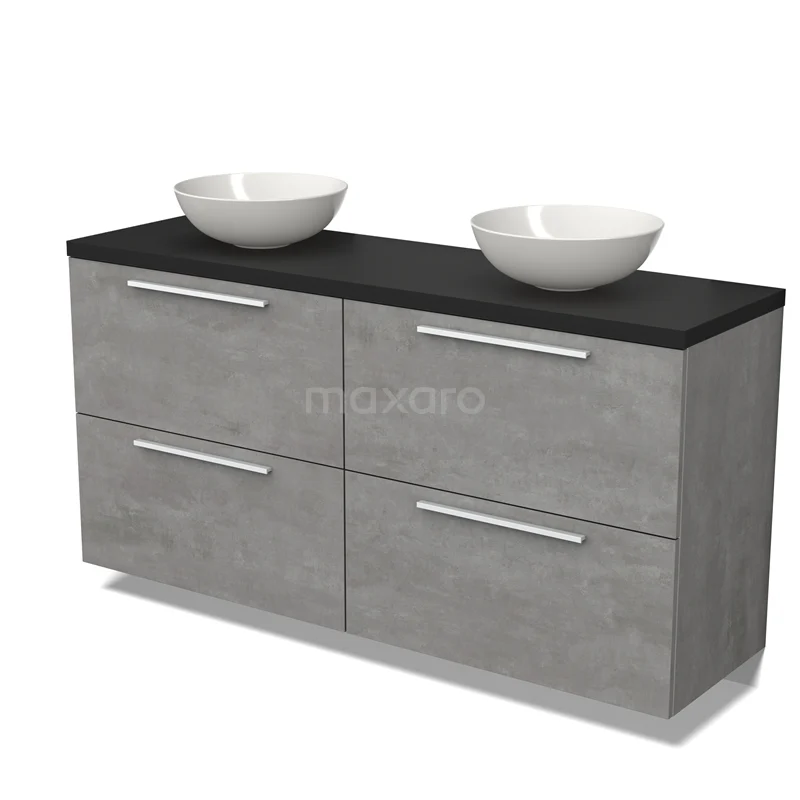 Modulo Plato Badmöbel mit Aufsatzwaschbecken | 160 cm Hellgrauer Beton Flach front Matt Schwarz blatt 4 hohe Schubladen BMK14-00659 Grauer Badschrank mit doppeltem Waschbecken, Betonlook-Oberfläche, modernem Design und geräumigen Schubladen.