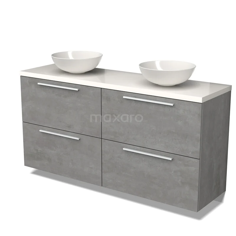 Modulo Plato Vanity units for countertop basin | 160 cm Light grey concrete Flat front High-gloss white worktop 4 high drawers BMK14-00660