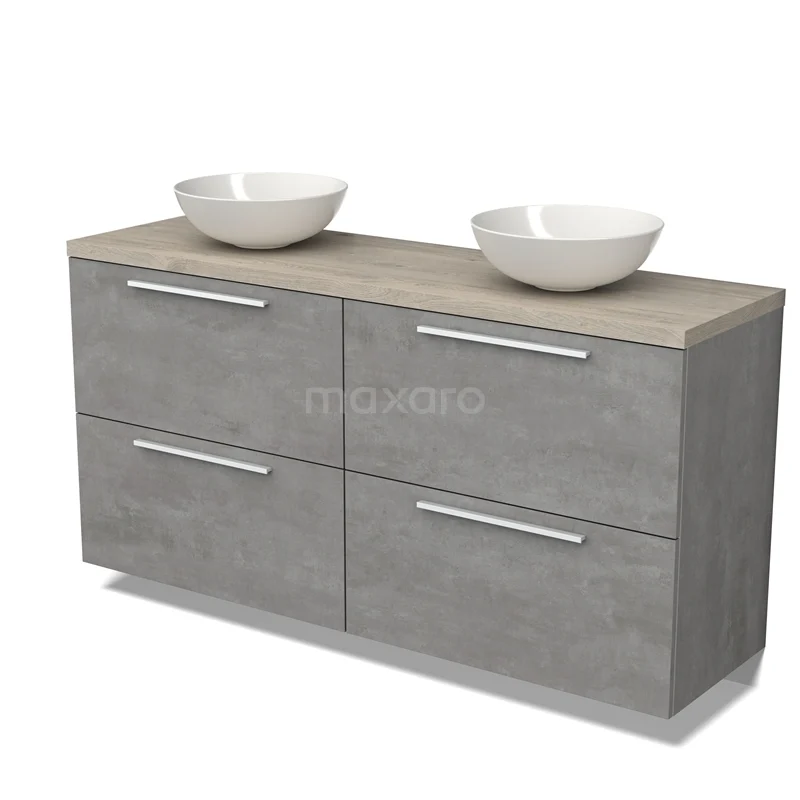 Modulo Plato Vanity units for countertop basin | 160 cm Light grey concrete Flat front Light grey oak worktop 4 high drawers BMK14-00662