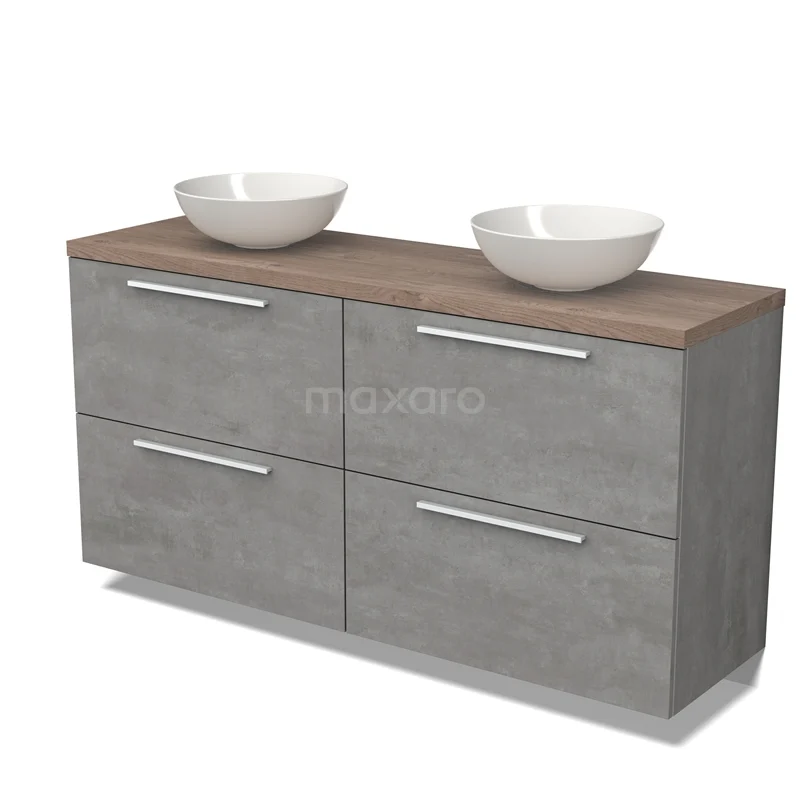 Modulo Plato Badmöbel mit Aufsatzwaschbecken | 160 cm Hellgrauer Beton Flach front Mittelbraune Eiche blatt 4 hohe Schubladen BMK14-00664 Grauer Badschrank mit Holzlook Platte, Doppelwaschbecken und schlichten Haltegriffen; moderner Stauraum für das Badezimmer.