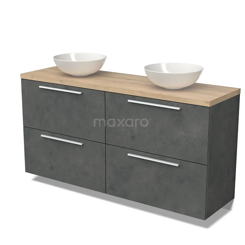 Badmöbel für Waschtischunterschrank mit Konsole 160cm Modulo Platte Dunkelgrau Beton 4 hohe Schubladen Flach hellbraune Eiche Platte BMK14-00670 Doppelwaschbeckenunterschrank, Betonlook Grau mit Holzplatte, moderner Stil, perfekte Ergänzung für jedes Badezimmer.
