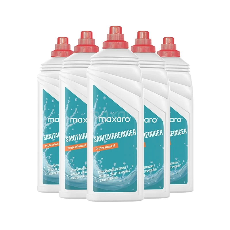 Sanitärreiniger 5 x 750 ml ST305005 Set von 6 weißen Flaschen Badezimmerreiniger mit rotem Deckel und blauen Etiketten; effektiv für glänzende, saubere Oberflächen.