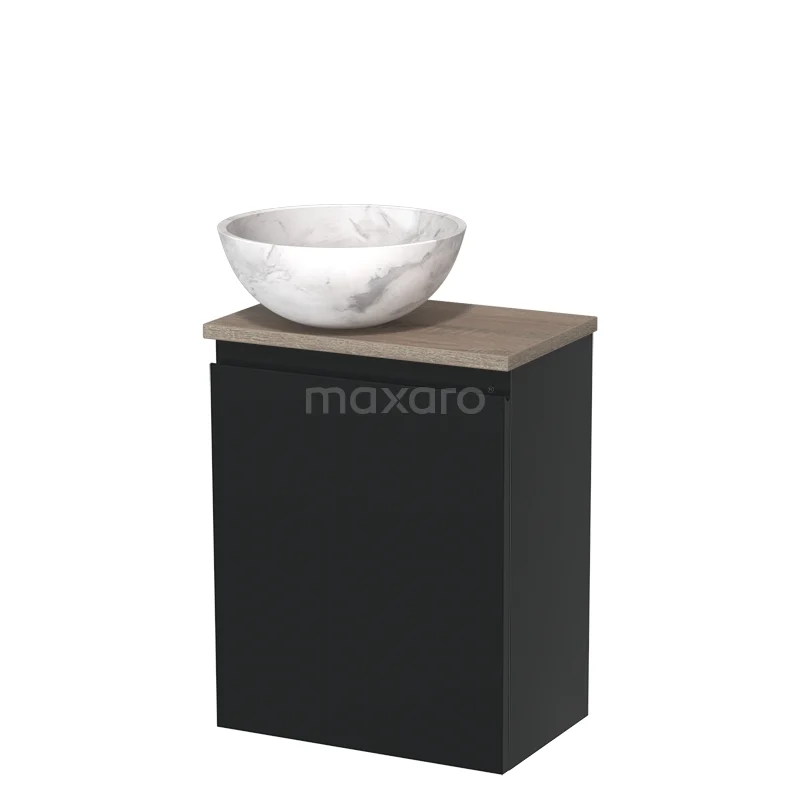 Zwarte badkamerkast met eikenhouten blad en marmeren waskom, modern design voor een stijlvolle en functionele badkamer.