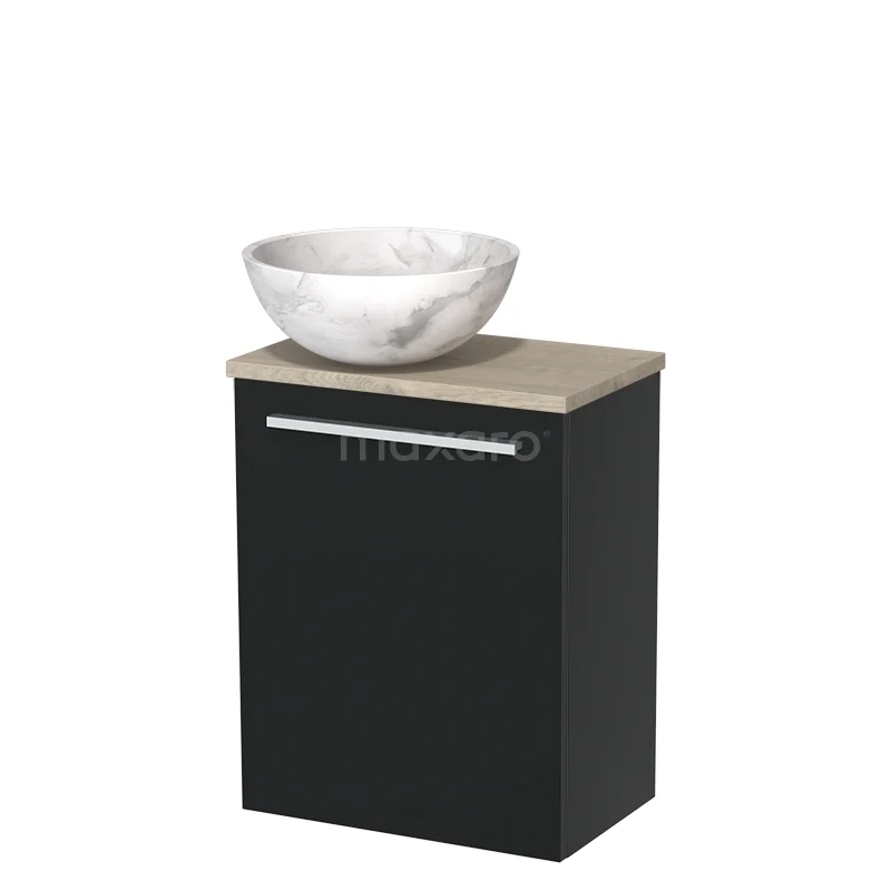 Zwart badkamermeubel met houten blad en witte marmeren waskom, ideaal voor een moderne badkamerstijl.