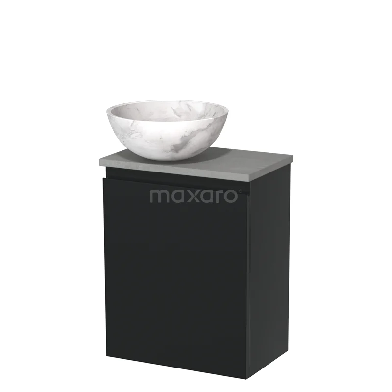 Zwarte badkamerkast met grijze wastafelblad en ronde witte waskom van marmer, modern design voor de badkamer.