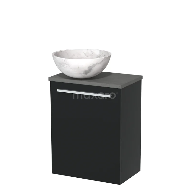 Zwarte badkamerkast met marmer-look waskom, modern design, ideaal voor stijlvolle badkameropslag.