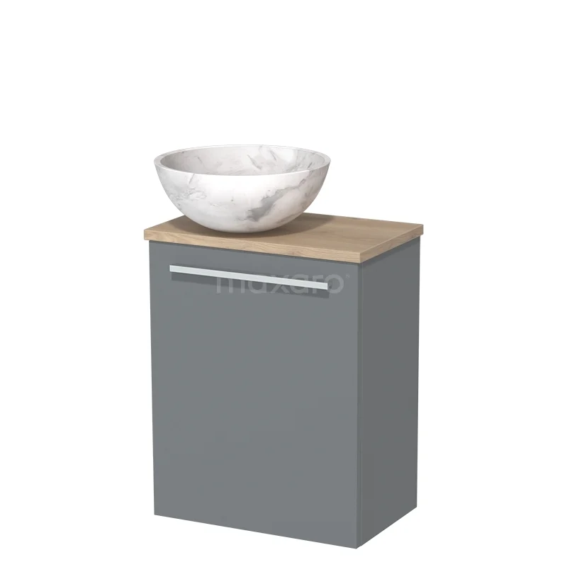 Grijze badkamerkast met houten blad en witte marmeren waskom, compact design ideaal voor moderne badkamerinrichtingen.