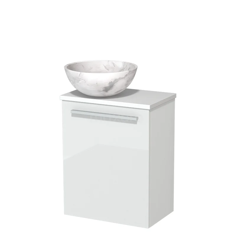 Wit badkamermeubel met marmeren waskom, modern design, glanzende afwerking en geïntegreerde opberglade.