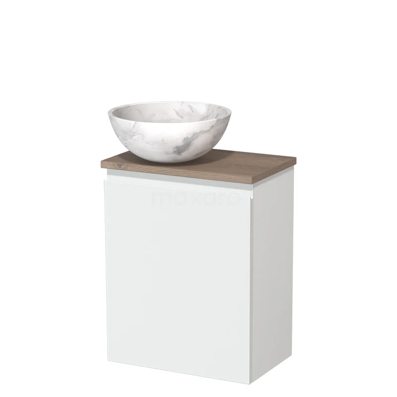 Wit badkamermeubel met eikenhouten blad en ronde marmeren waskom, ideaal voor een stijlvolle en moderne badkamerinrichting.