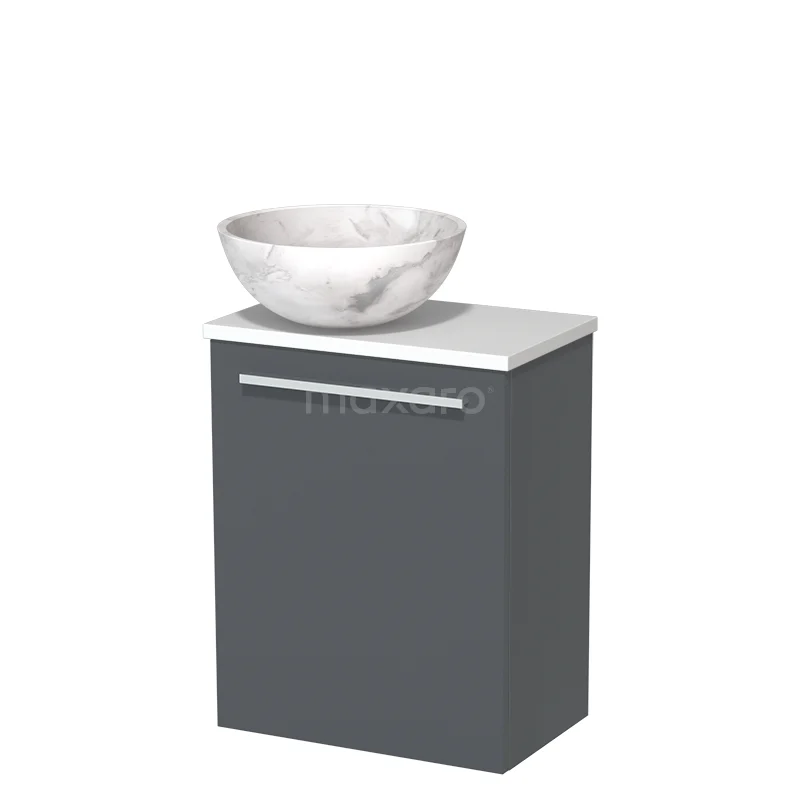 Donkergrijze badkamermeubelset met marmeren waskom, strak design, ideale opbergruimte voor een moderne badkamer.