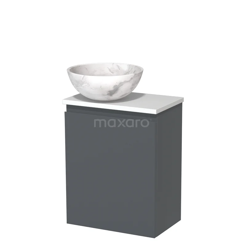 Grijze badkamermeubelset met witte marmeren waskom, compact ontwerp en modern formaat, perfect voor kleine badkamers.