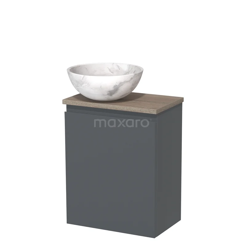 WC-Möbel mit Aufsatzwaschbecken | 41 cm Dunkelgrau Grifflose Front Weißer Marmor Naturstein Aufsatzwaschbecken Eiche Platte TMK10-09922 Grauer Badschrank mit Holzplatte und einem Marmorausatzwaschbecken, modernes Design, perfekt für stilvolle Badezimmergestaltung.