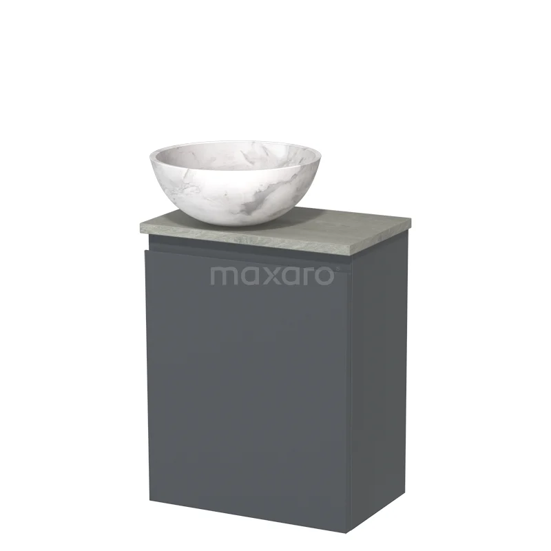 Donkergrijze badkamermeubelset met marmeren waskom, modern design, ideaal voor een stijlvolle en compacte badkamer.