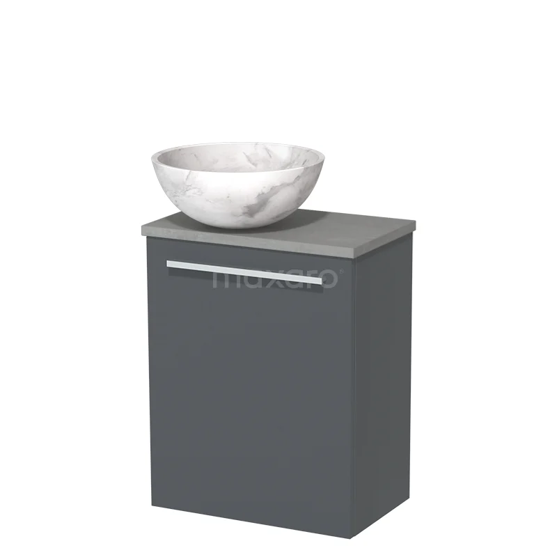 Grijs badkamermeubel met marmeren waskom, strak design en modern handvat, ideaal voor een stijlvolle badkamer inrichting.