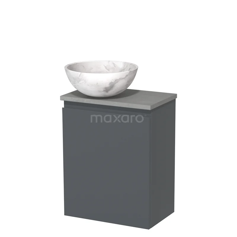 Donkere grijze badkamerkast met witte marmeren waskom, modern design, ideaal voor een stijlvolle en compacte badkamerinrichting.