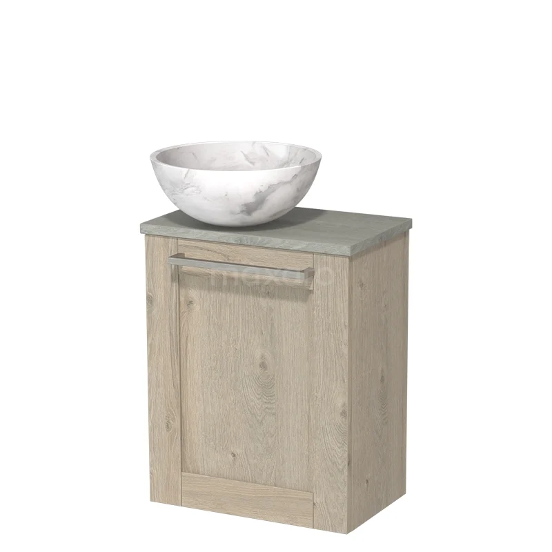 Houten badkamerkast met marmerlook waskom, compact design, ideaal voor moderne badkamermeubels.