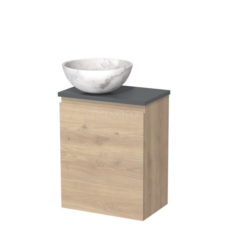WC-Möbel mit Aufsatzwaschbecken | 41 cm Hellbraune Eiche Grifflose Front Weißer Marmor Naturstein Aufsatzwaschbecken Dunkelgrau Platte TMK10-10094 Eichenholz Badschrank mit schwarzer Oberseite und Marmor Aufsatzwaschbecken, kompaktes Design für moderne Bäder.