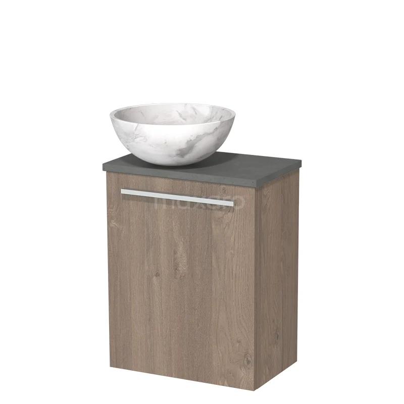 Houten badkamermeubel met grijs blad en marmeren waskom, modern design en compacte vorm ideaal voor kleine badkamers.