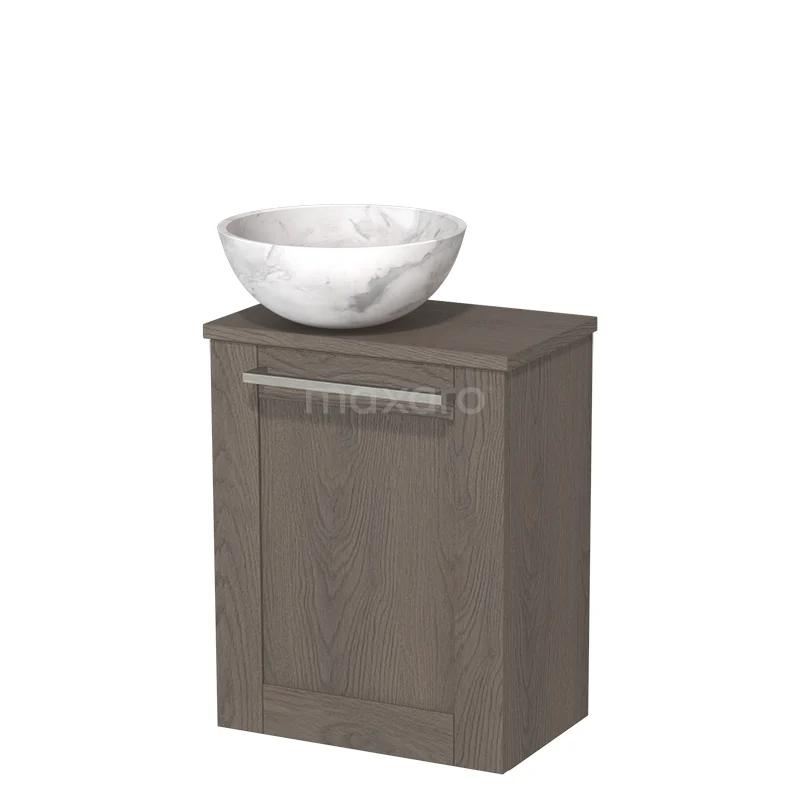 WC-Möbel mit Aufsatzwaschbecken | 41 cm Dunkelbraune Eiche Rahmenfront Weißer Marmor Naturstein Aufsatzwaschbecken Dunkelbraune Eiche Platte TMK10-10252 Holz-Badschrank mit grau-brauner Furnier, Edelstahl-Haltegriff und runder weißer Waschbecken, kompaktes Design für moderne Bäder.