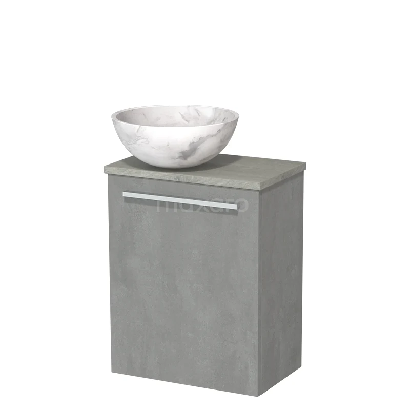 WC-Möbel mit Aufsatzwaschbecken | 41 cm hellgrauer Beton glatte Front weißer Marmor Aufsatzwaschbecken aus Naturstein graue Eiche TMK10-10318 Grau Badmöbel mit Betonlook und integriertem Marmor Aufsatzwaschbecken, modernes Design für eine stilvolle Badezimmerinrichtung.
