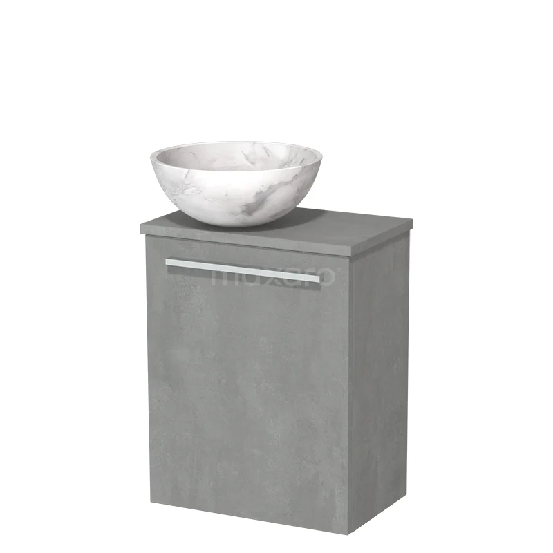 WC-Möbel mit Aufsatzwaschbecken | 41 cm hellgrauer Beton glatte Front weißer Marmor Aufsatzwaschbecken aus Naturstein hellgrauer Betonplatte TMK10-10320 Grauer Badschrank mit marmoriertem Aufsatzwaschbecken, schlankes Design und metallischem Haltegriff, ideal für moderne Badezimmereinrichtungen.