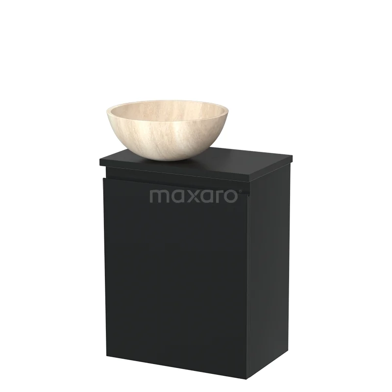 Zwarte badkamerkast met houten waskom, compact design, ideaal voor moderne badkamers.