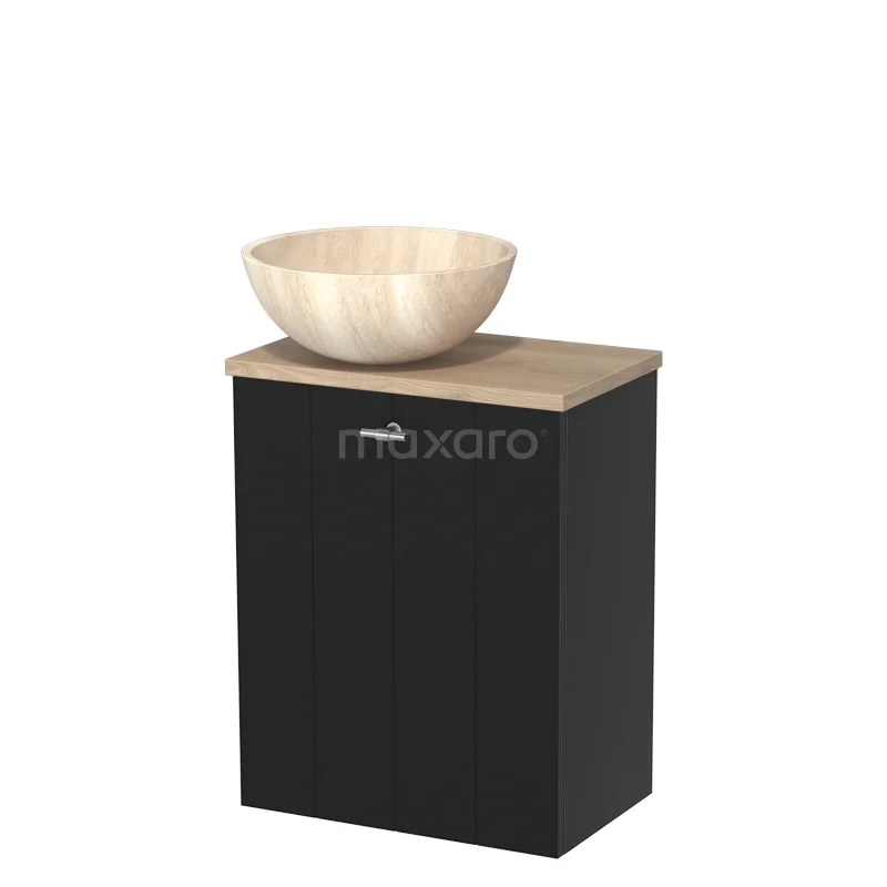Zwarte badkamerkast met houten wastafelblad en komvormige beige waskom, ideaal voor moderne badkamerinrichting.