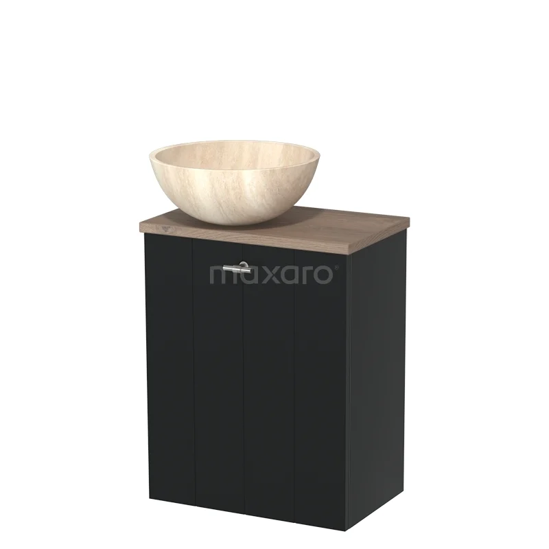 Zwarte badkamerkast met houten wastafelblad en beige ronde waskom, modern design, ideaal voor een stijlvolle badkamer.