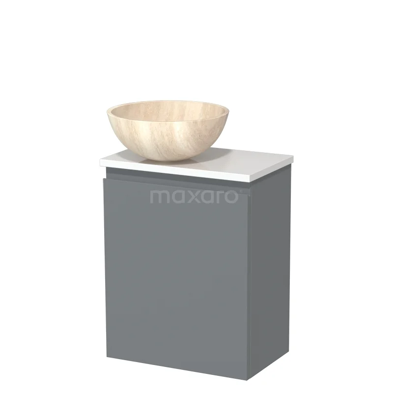 Grijze badkamerkast met witte bovenplaat en houten waskom, compact ontwerp ideaal voor moderne badkamerstijl.