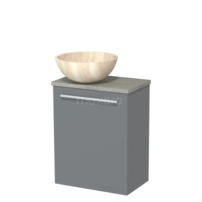 Grijze badkamerkast met houten waskom, modern design, ideaal voor compacte badkamers.