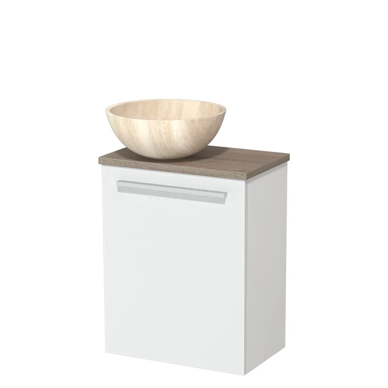 Wit hangend badkamerkastje met houten waskom en grijs blad, moderne uitstraling en praktische opbergruimte.